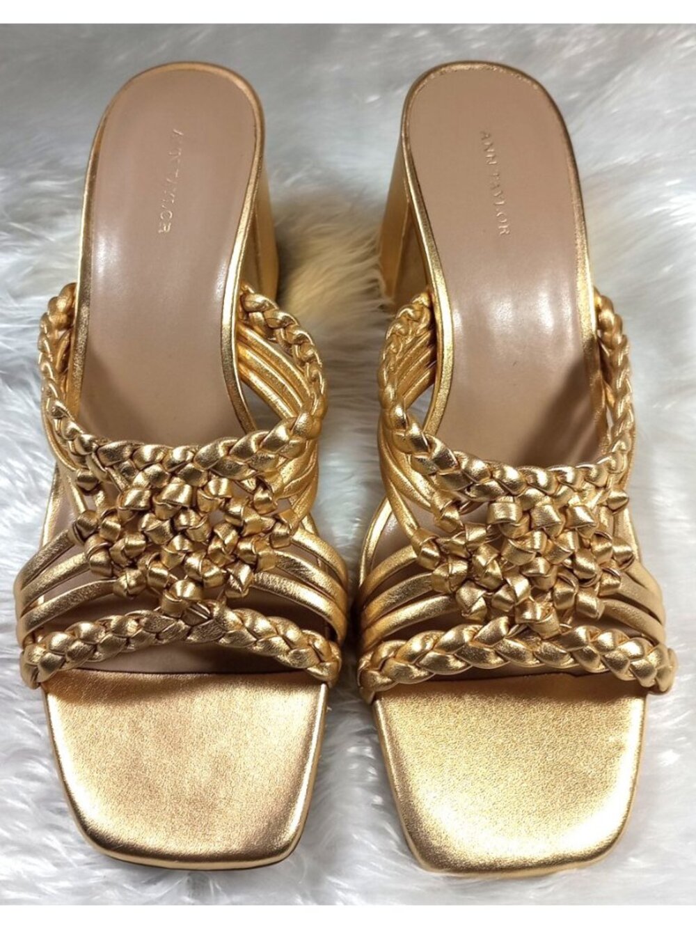 New  ANN TAYLOR Braided Strappy Leather  Sandals Champagne Gold Size 9 ($148)